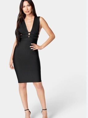 bebe Black Plunge V-Neck Bandage Midi Dress